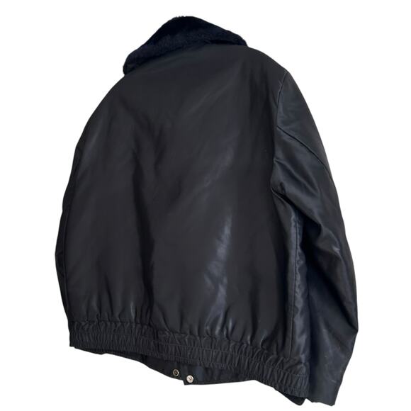 Vintage Black Twill Bomber Coat Mens Sz XL Nylon Faux Fur Collar Police Jacket - Picture 4 of 16